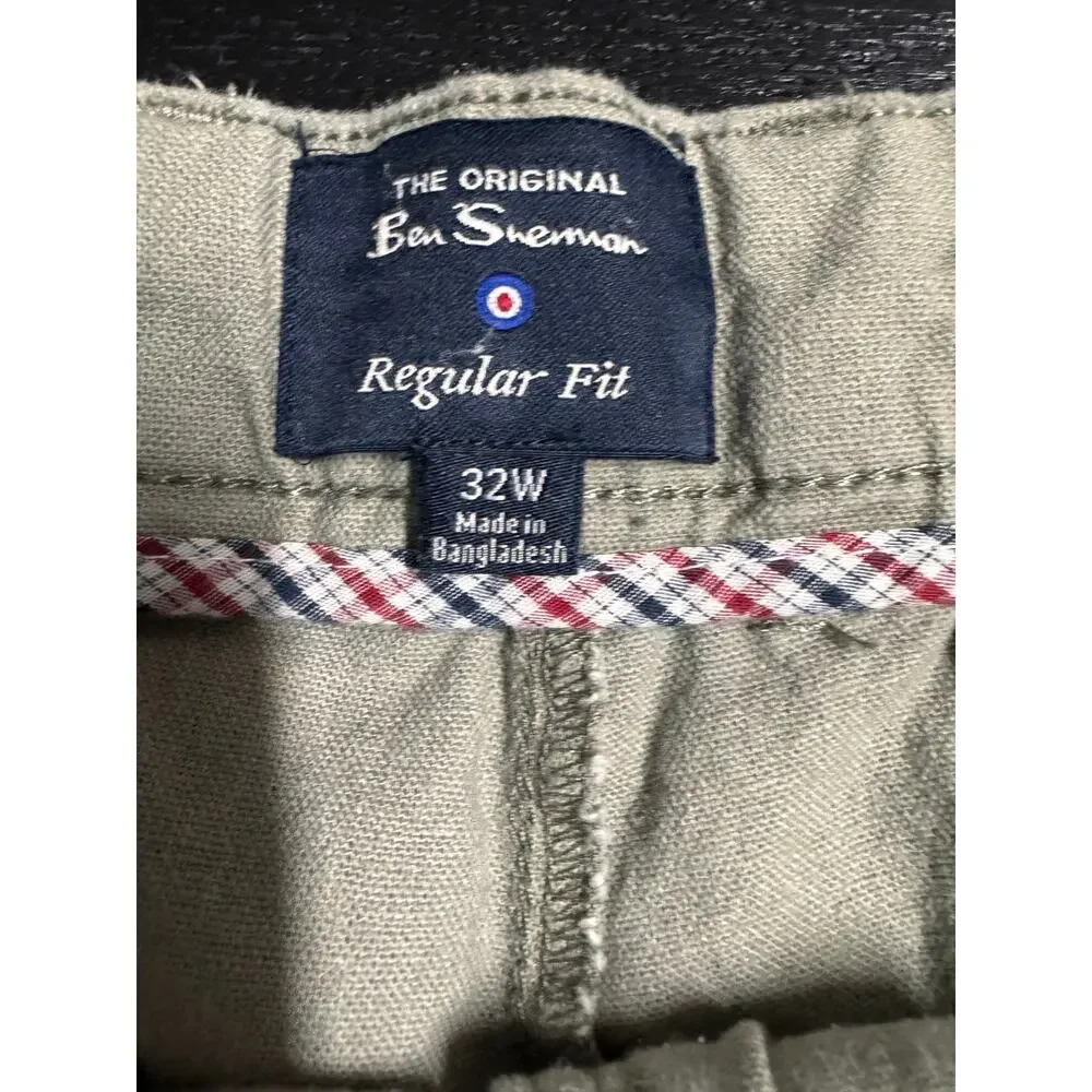 Ben Sherman Regular Fit Linen Cotton Blend Shorts Khaki Green Casual 32W